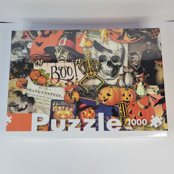 Seesaw Boo Happy Halloween 1000pc Jigsaw Puzzle Retro Vtg Style Collage Art Cats - Picture 2 of 11